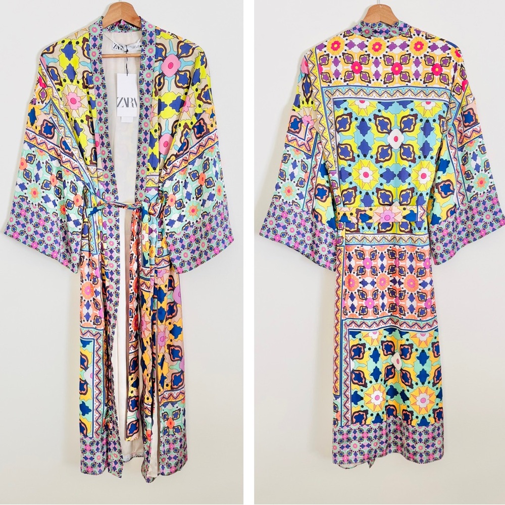 NWT Zara Satin Open-Front Maxi Kimono in Rainbow Geometric Print